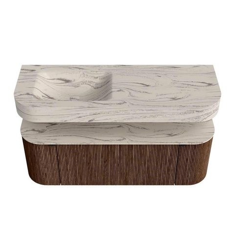 MONDIAZ THOR-DLUX 130cm meuble de salle de bains arrondi gauche + droite couleur Walnut avec 1 tiroir et 2 portes. Vasque suspendue CLOUD Gauche sans trou de robinet couleur Nata. SW1463865