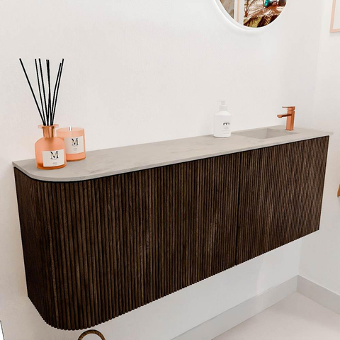 Mondiaz JOYA-DLUX Meuble de salle de bains 111.6cm - arrondi gauche couleur Walnut - Vasque FAYE position Droite 1 trou de robinet couleur Opalo. SW1422551