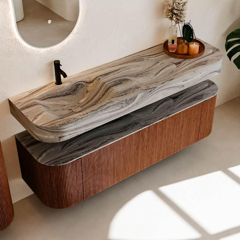 MONDIAZ THOR-DLUX 160cm meuble de salle de bains arrondi gauche + droite couleur Ruby avec 1 tiroir et 2 portes. Vasque suspendue CLOUD Gauche 1 trou de robinet couleur Sombra. SW1465383