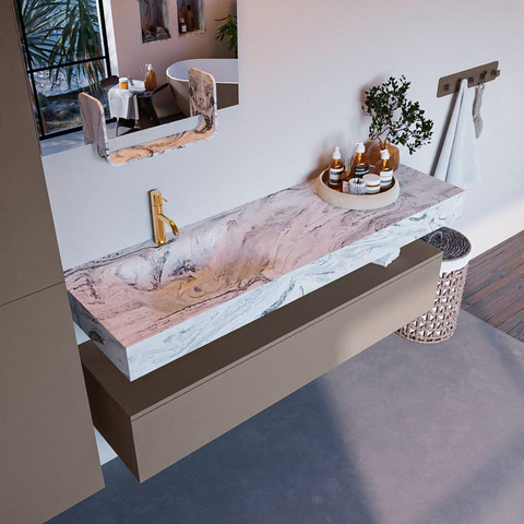 Mondiaz ALAN-DLUX Ensemble de meuble - 150cm - meuble Smoke mat - 1 tiroir - Lavabo Cloud Glace suspendu - vasque Gauche - 1 trou de robinet SW805866
