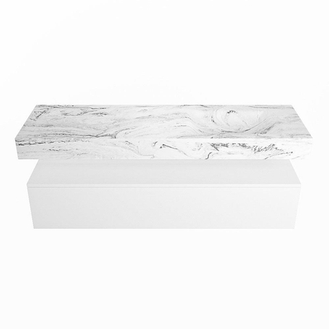 Mondiaz ALAN-DLUX Ensemble de meuble - 150cm - meuble Talc mat - 1 tiroir - Lavabo Cloud Glace suspendu - vasque Droite - 0 trous de robinet SW805079
