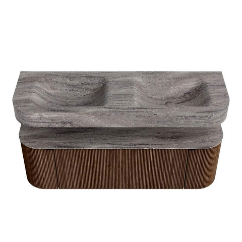 MONDIAZ THOR-DLUX 140cm badmeubel ronding links + rechts kleur Walnut met 1 lade en 2 deuren. Vrijhangende wastafel CLOUD Dubbel 2 kraangaten kleur Oza. SW1464306