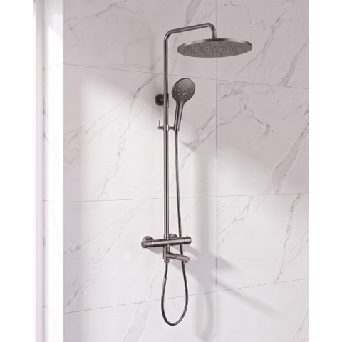 Fortifura Calvi Regendoucheset - thermostatisch - 30cm hoofddouche - metalen slang - ronde handdouche - draaibare baduitloop - Geborsteld Gunmetal PVD SW1592485
