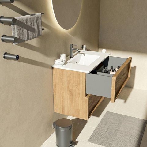 Saniclass Holz Frame Ensemble meuble de salle de bains - 80x45x62cm - Lavabo Vygo en céramique blanc - 1 vasque - 1 trou de robinetterie - 2 tiroirs - chêne natural mat (bois) SW1580048