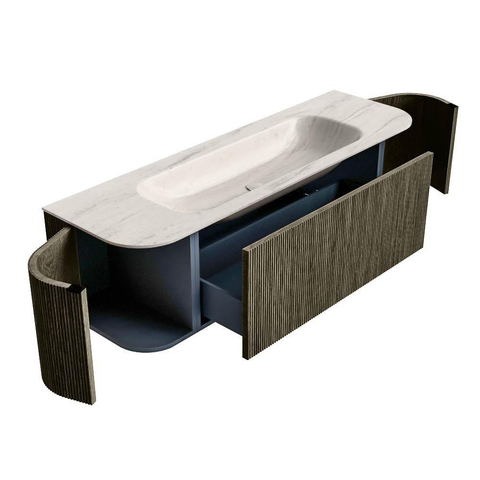 MONDIAZ KURVE-DLUX Meuble de salle de bains 150cm arrondi à gauche + à droite couleur Shadow avec 1 tiroir et 2 portes. Lavabo BIG MEDIUM Centre 1 trou de robinet Meli. SW1431784