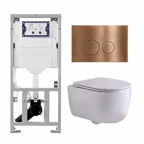 QeramiQ Dely Swirl Toiletset - 36.3x51.7cm - Geberit UP320 inbouwreservoir - met Burda frame - slim zitting - koperen bedieningsplaat - ronde knoppen - glans wit SW1126092