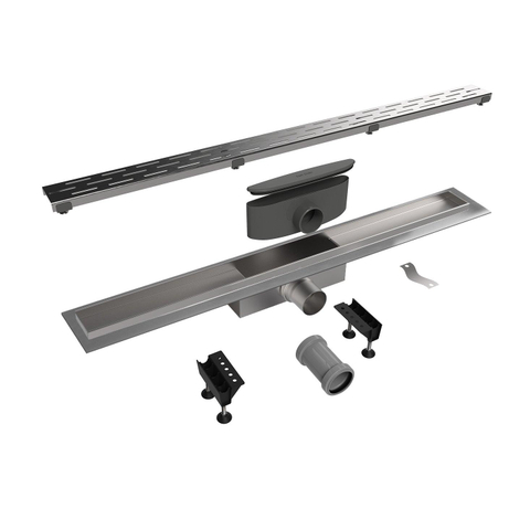 Easy Drain Compact 50 caniveau de douche inox avec plaque simple inox, flasque inox standard, siphon 50mm, 90cm, profondeur d'encastrement 83mm avec sortie latérale. 2302802