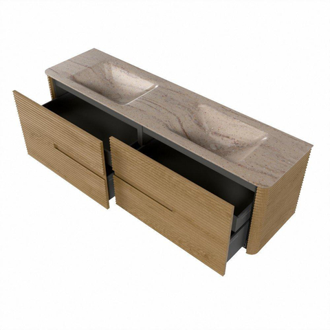 Mondiaz CIRO-DLUX Meuble de salle de bains - 170x45x50cm - Plan vasque solid surface Saba - 2 vasques Double - sans trous de robinetterie - 4 tiroirs - Chêne SW1531199