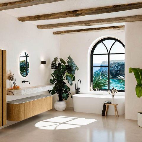 MONDIAZ THOR-DLUX 180cm meuble de salle de bains arrondi gauche + droite couleur Oak avec 2 tiroirs et 2 portes. Vasque suspendue CLOUD Milieu sans trou de robinet couleur Glace. SW1465894
