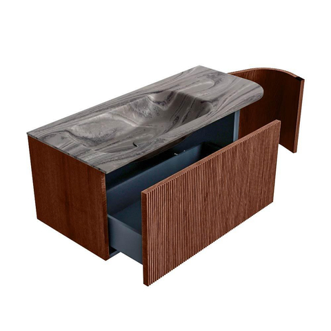 MONDIAZ KURVE-DLUX Meuble de salle de bains 105cm arrondi à droite couleur Ruby avec 1 tiroir et 1 porte. Lavabo BIG SMALL à gauche sans trou de robinet Sombra. SW1433939