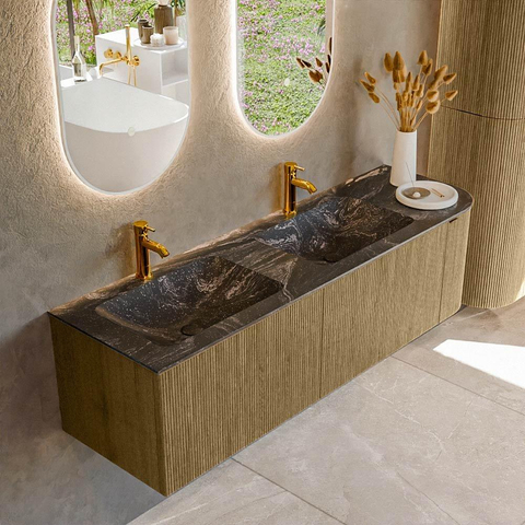 Mondiaz KURVE-DLUX Ensemble de meuble de salle de bains - 155x46x40cm - 2 tiroirs - 1 porte - lavabo solid surface - double / gauche - 2 trous de robinet - Dusk SW1415562