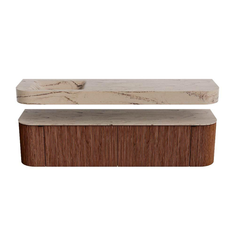 MONDIAZ THOR-DLUX Meuble de salle de bains 180cm arrondi gauche + droite couleur Ruby avec 2 tiroirs et 2 portes. Vasque suspendue CLOUD Gauche sans trou de robinet couleur Arena. SW1466157