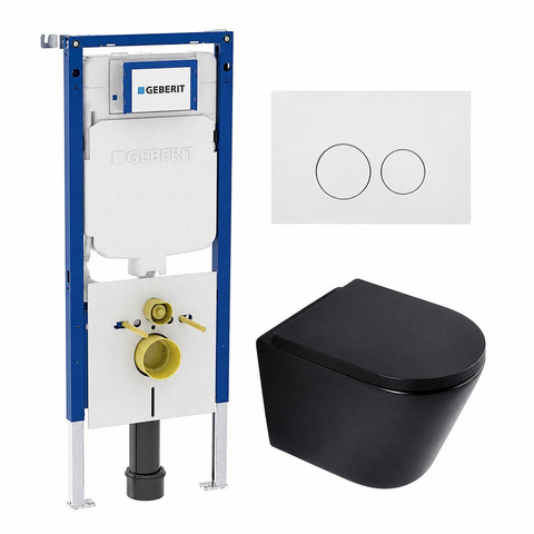 QeramiQ Dely Toiletset - 36.3x51.7cm - diepspoel - rimless - Geberit UP720 inbouwreservoir - softclose toilet zitting - 35mm - glans witte bedieningsplaat - ronde knoppen - mat zwart SW1427984
