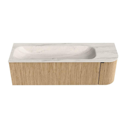 MONDIAZ KURVE-DLUX meuble de salle de bains 145cm arrondi à droite couleur chêne avec 1 tiroir et 1 porte. Lavabo BIG LARGE à gauche 1 trou de robinet Meli. SW1431639