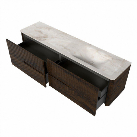 Mondiaz CIRO-DLUX Badkamermeubelset - 180x45x50cm - Solid surface wastafel Frappe - 1 wasbak Rechts - 1 kraangat - 4 lades - Walnut SW1530223