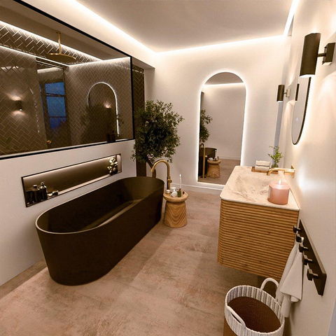 Mondiaz CIRO-DLUX Meuble de salle de bains - 110x45x50cm - lavabo solid surface Frappe - 1 vasque à droite - sans trous de robinetterie - 2 tiroirs - Chêne SW1530889