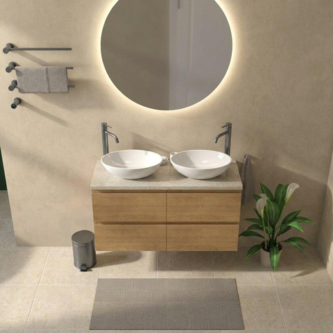 Saniclass Holz Pure Badkamermeubelset - 120x45x63cm - Travertine natuurstenen topblad - 2 kraangaten - 4 lades - mat eiken natural (hout) SW1478888