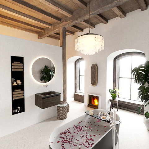 Mondiaz BUKLA Ensemble de meuble - 60x45x34cm - 0 trous de robinet - lavabo centré - solid surface - Urban - sans poignée - 1 tiroir - Mélamine - Marron foncé SW704916