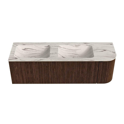 MONDIAZ KURVE-DLUX Meuble de salle de bains 145cm arrondi à droite couleur Walnut avec 1 tiroir et 1 porte. Lavabo LEAF Double / Gauche sans trou de robinet Nata. SW1432221