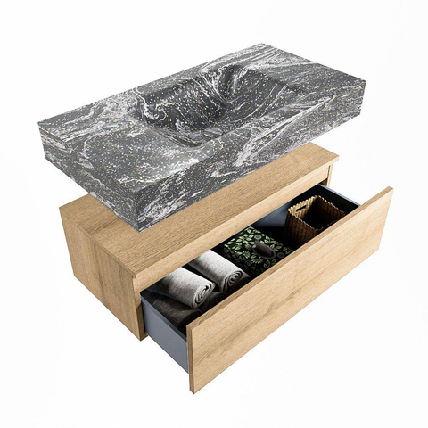 Mondiaz ALAN-DLUX Ensemble de meuble - 90cm - meuble Washed Oak mat - 1 tiroir - Lavabo Cloud Lava suspendu - vasque Centre - 0 trous de robinet SW809077
