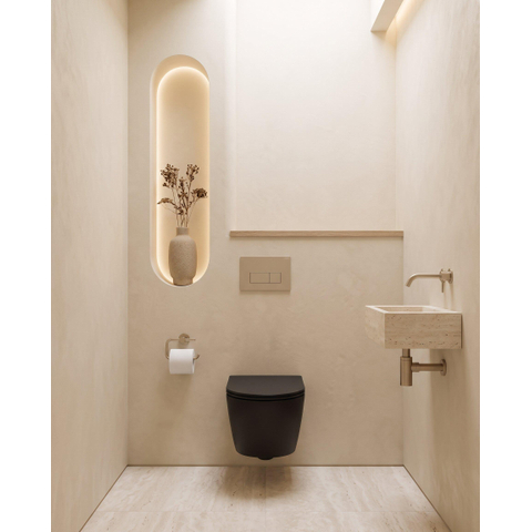 QeramiQ Dely Toiletset - 36.3x51.7cm - Geberit UP720 inbouwreservoir - rimless - diepspoel - 35mm zitting - softclose - bedieningsplaat taupe - rechthoekige knoppen - mat zwart SW1427989