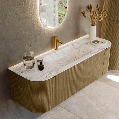 Mondiaz KURVE-DLUX Ensemble de meubles de salle de bains - 140x46x40cm - 1 tiroir - 2 portes - lavabo solid surface - au centre - 1 trou de robinet - Dusk SW1415486