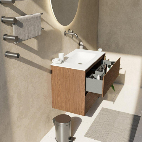 Saniclass Holz Pure Badkamermeubelset - 80x45x61.5cm - Flow solid surface wastafel wit - 1 wasbak - zonder kraangat - 2 lades - mat walnut pure (hout) SW1478388