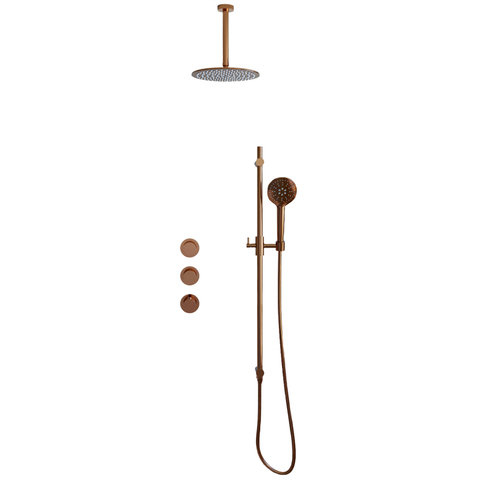 Fortifura Nebbio Regendoucheset - inbouwkraan - inbouwdeel - glijstang - doucheslang metaal - ronde handdouche - 20cm plafondarm - ronde hoofddouche - PVD - geborsteld koper SW1447167