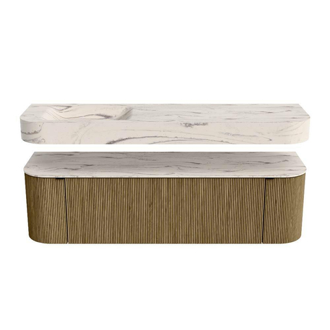MONDIAZ THOR-DLUX 160cm meuble de salle de bains arrondi gauche + droite couleur Dusk avec 1 tiroir et 2 portes. Vasque suspendue CLOUD Gauche sans trou de robinet couleur Nata. SW1465267