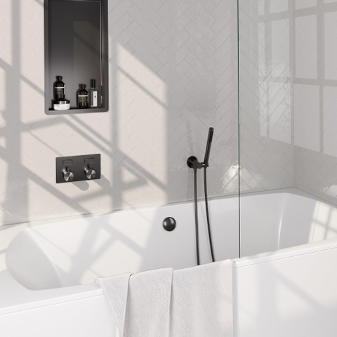 BRAUER gunmetal Edition mitigeur de bain encastré thermostatique - boutons-poussoirs SET 03 - combinaison de remplissage de baignoire - douchette barre - flexible de douche - coude d'alimentation mural - gunmetal brossé PVD SW925709