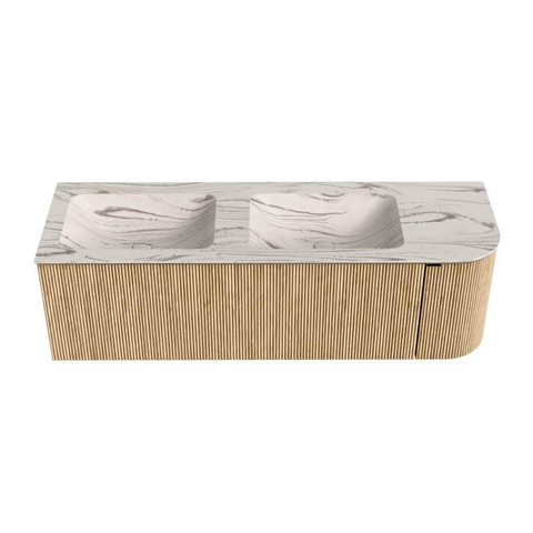 MONDIAZ KURVE-DLUX Meuble de salle de bains 145cm arrondi à droite couleur Chêne avec 1 tiroir et 1 porte. Lavabo LEAF Double / Gauche 2 trous de robinet Nata. SW1432118