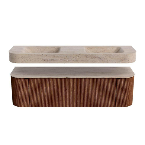 MONDIAZ THOR-DLUX 160cm meuble de salle de bains arrondi gauche + droite couleur Ruby avec 1 tiroir et 2 portes. Vasque suspendue CLOUD Double 2 trous de robinet couleur Saba. SW1465345