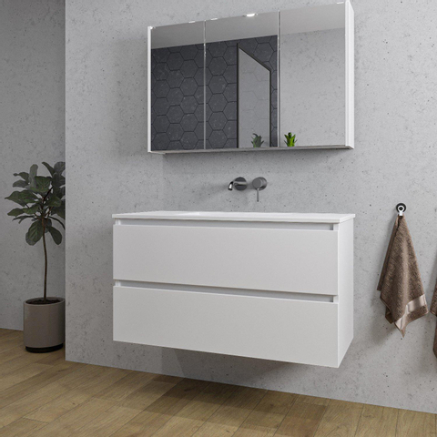 Saniclass Chaci Meuble de salle de bain - 100x46x55cm - lavabo en céramique blanc - 1 vasque - sans trous de robinet - 2 tiroirs - armoire miroir - blanc mat SW856550