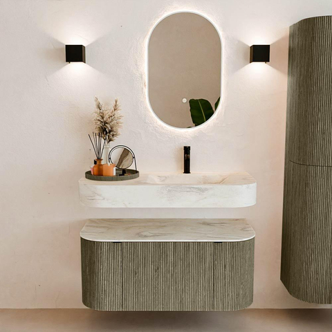 MONDIAZ THOR-DLUX 100cm meuble de salle de bains arrondi gauche + droite couleur Shadow avec 1 tiroir et 2 portes. Vasque suspendue CLOUD droite 1 trou de robinet couleur Ostra. SW1467532
