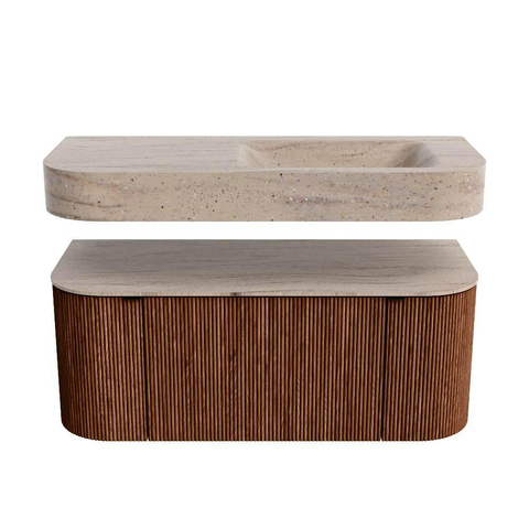 MONDIAZ THOR-DLUX 110cm meuble de salle de bains arrondi gauche + droite couleur Ruby avec 1 tiroir et 2 portes. Vasque suspendue CLOUD Droite 1 trou de robinet couleur Saba. SW1463016