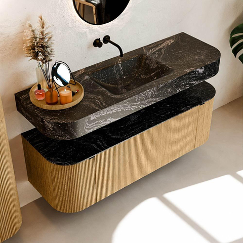 MONDIAZ THOR-DLUX 140cm meuble de salle de bains arrondi gauche + droite couleur Oak avec 1 tiroir et 2 portes. Vasque suspendue CLOUD Centre sans trou de robinet couleur Lava. SW1463905