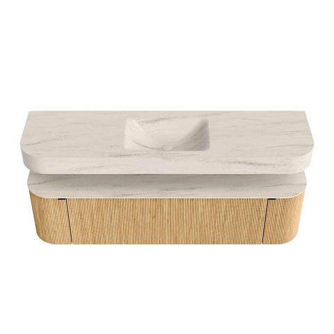 MONDIAZ THOR-DLUX 170cm badmeubel ronding links + rechts kleur Oak met 1 lade en 2 deuren. Vrijhangende wastafel CLOUD Midden zonder kraangat kleur Meli. SW1465837