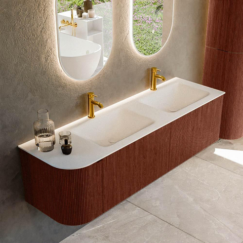 Mondiaz KURVE Ensemble de meuble de salle de bains - 155x46x40cm - 2 tiroirs - 1 porte - vasque solid surface - double / droite - 2 trous de robinet - Ruby SW1415323