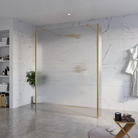 FugaFlow Eccelente Vetro Douche à l'italienne libre - 160x200cm - Clair strié - anti-calcaire - verre de sécurité 8mm - 2 parois latérales 30cm - avec bras muraux et profils d'angle - Laiton brossé (or) - SW1125744