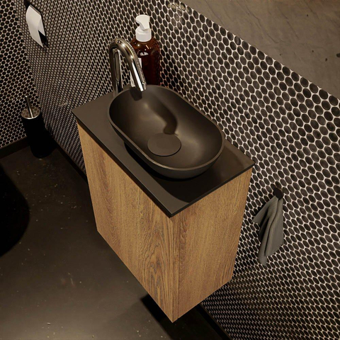Mondiaz Fowy meuble de toilette - 40x50x23cm - chêne blanchi mat - 1 trou de robinet - lavabo à droite - 1 porte - solid surface - plan Mélamine - lavabo : noir SW761435
