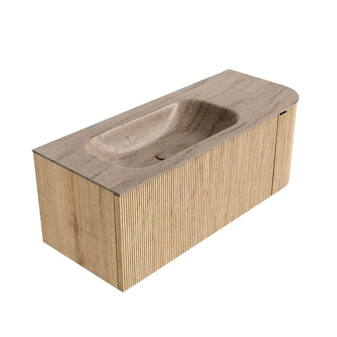 MONDIAZ KURVE-DLUX Meuble de salle de bains 115cm arrondi Droite couleur Chêne avec 1 tiroir et 1 porte. Lavabo BIG SMALL Gauche 1 trou de robinet Saba. SW1433080