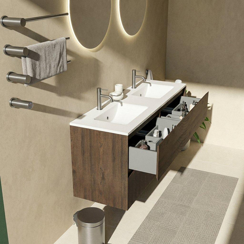Saniclass Holz Atelier Ensemble meuble de salle de bains - 140x45x62cm - Lavabo Vygo en céramique blanc - 2 vasques - 2 trous de robinetterie - 4 tiroirs - chêne charcoal brillant (bois) SW1437734