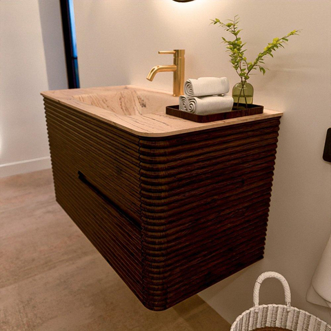 Mondiaz CIRO-DLUX Badkamermeubelset - 90x45x50cm - Solid surface wastafel Arena - 1 wasbak Midden - 1 kraangat - 2 lades - Walnut SW1530411