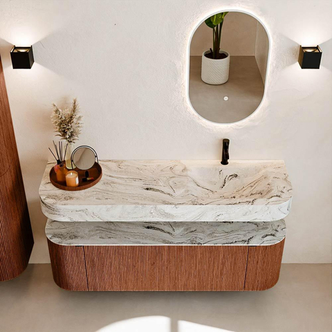 MONDIAZ THOR-DLUX 150cm meuble de salle de bains arrondi gauche + droite couleur Ruby avec 1 tiroir et 2 portes. Vasque suspendue CLOUD Droite 1 trou de robinet couleur Glace. SW1464556