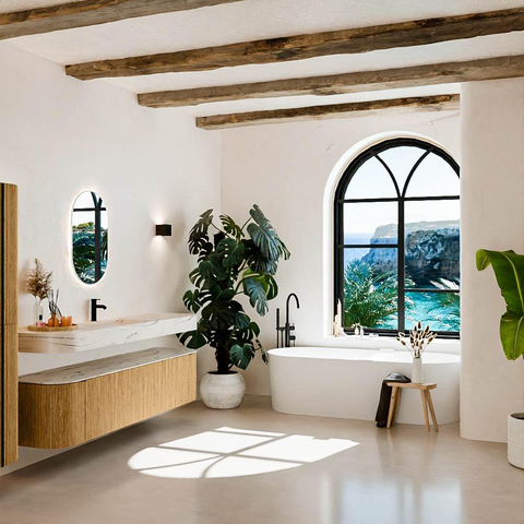 MONDIAZ THOR-DLUX Meuble de salle de bains - 190cm - arrondi gauche + droite - couleur Oak - 2 tiroirs - 2 portes - Vasque suspendue CLOUD Milieu 1 trou de robinet - couleur Nata SW1466750