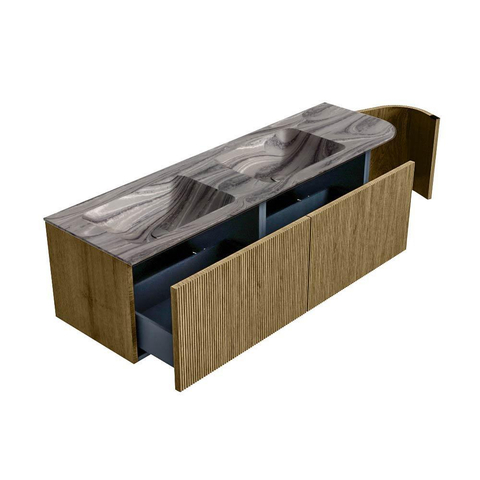 MONDIAZ KURVE-DLUX Meuble de salle de bains 155 cm arrondi à droite couleur Dusk avec 2 tiroirs et 1 porte. Lavabo LEAF Double / gauche 2 trous de robinet Sombra. SW1433898