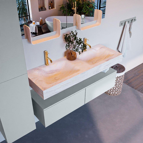 Mondiaz ALAN-DLUX Ensemble de meuble - 130cm - meuble Clay mat - 2 tiroirs - Lavabo Cloud Ostra suspendu - vasque Gauche et droite - 2 trous de robinet SW807707