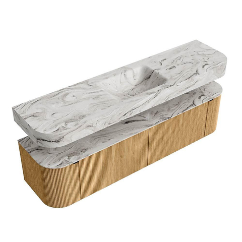 MONDIAZ THOR-DLUX 180cm meuble de salle de bains arrondi gauche + droite couleur Oak avec 2 tiroirs et 2 portes. Vasque suspendue CLOUD Milieu sans trou de robinet couleur Glace. SW1465894