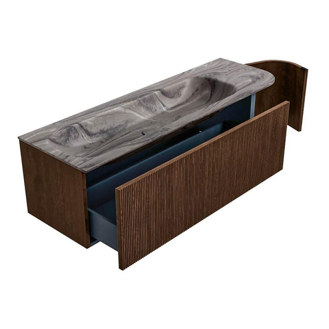 MONDIAZ KURVE-DLUX 145cm badmeubel ronding Rechts kleur Walnut met 1 lade en 1 deur. Wastafel BIG LARGE Links zonder kraangat Sombra. SW1433677