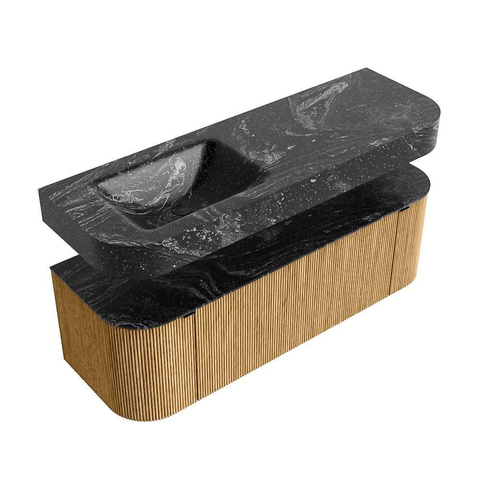 MONDIAZ THOR-DLUX 140cm meuble de salle de bains arrondi gauche + droite couleur Oak avec 1 tiroir et 2 portes. Vasque suspendue CLOUD gauche sans trou de robinet couleur Lava. SW1463910